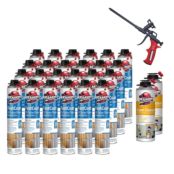 Krakenbond FastCoat Insulation Foam Spray, 27.1 oz, 24 Gun Use Cans, 2 Spray Foam Cleaner, 1 Spray Foam Gun, 27PK 24FC2FGC1SG - main